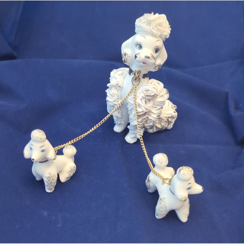 Vintage Ceramic Poodle And Puppies, National Potteries Co, Spaghetti, White